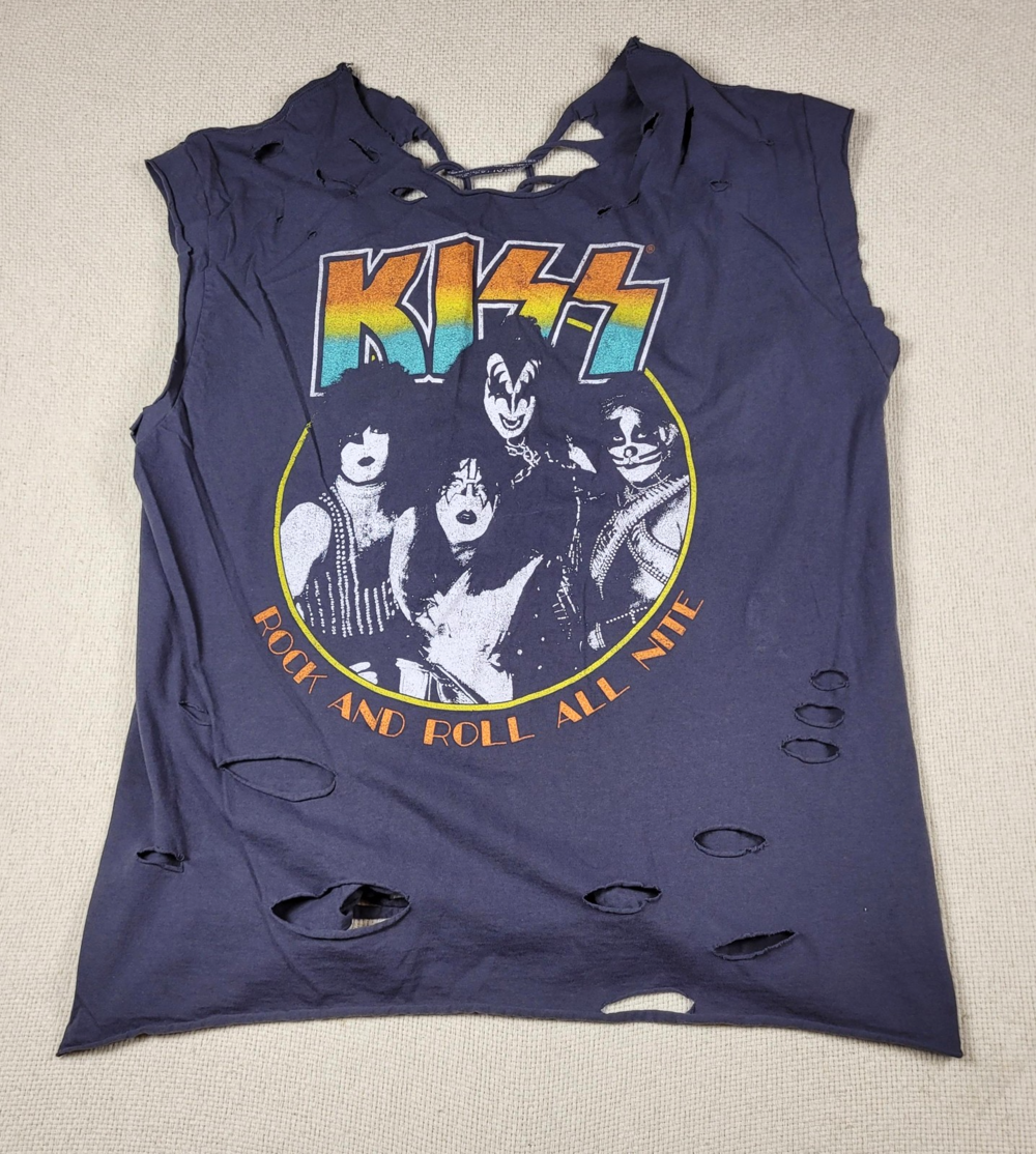 KISS Rock And Roll All Nite Shirt Womens M Black Distressed Custom Lace Up Back